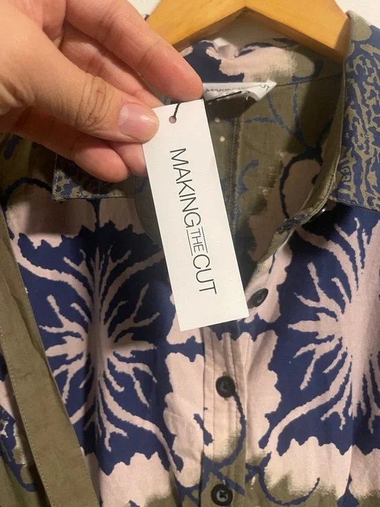 Olive Floral Print Button-Front Shirt Dress with Tie Waist - Picture 6 of 9